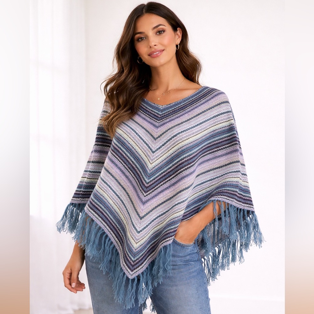 A.L.C Poncho Open Knit Pastel Shawl with Fringe | OS